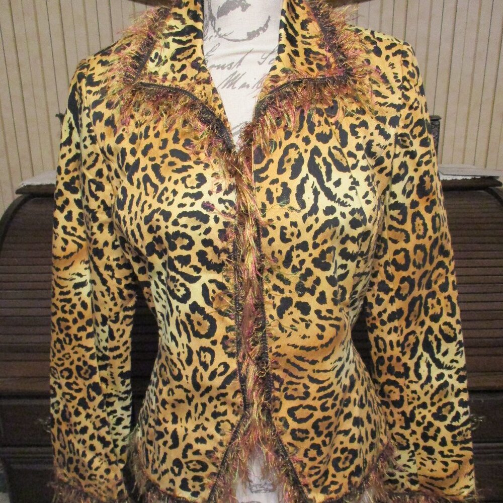 Vintage Anthracite Fringed Leopard Print Long Sleeved Short Jacket   Sz. 8